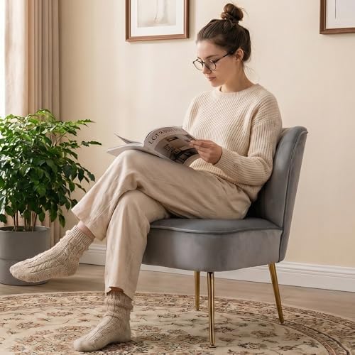 Velvet Accent Chair Set of 2 Comfy Living Room Chair Armless Slipper Chair Mid Century Side Chair Single Sofa Chair with Golden Legs Wingback for Bedroom Guest Room, Grey