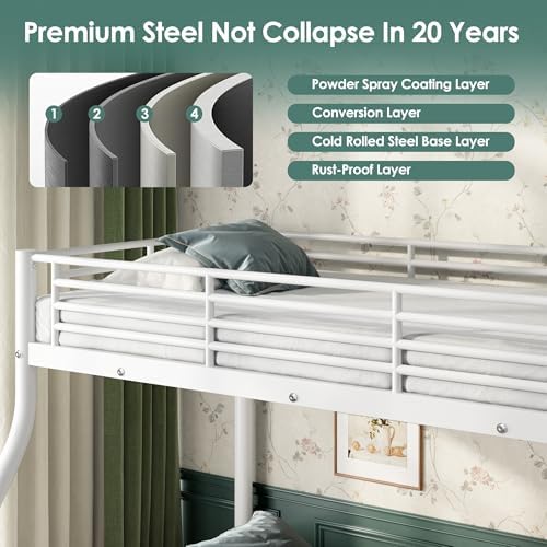 Bunk Beds Twin XL Over Queen, Heavy Duty Bunk Beds with Bottom Space & Guardrail Metal Bunk Bed Frame for Adults Teens Dorm Bedroom Guest Room, No Box Spring Needed（White）