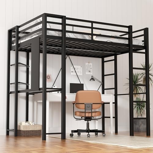 Nuturelly Twin Size Loft Bed with Desk, 13" Guardrails, Noise-Free, Black