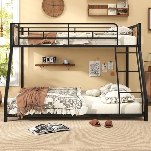 Giantex Twin Over Full Metal Bunk Bed, Boho Rattan Floor Bunkbeds with Ladder & Full-length Guardrails, Heavy Duty Metal Slats Support Bed Frame for Teens, Adults, Guests, No Box Spring Needed (Black)