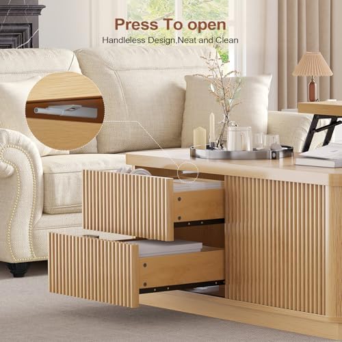 Itaar 39.4'' Lift Top Coffee Table with Storage, Fluted Coffee Tables for Living Room, Square Coffee Table with Large Hidden Compartment & 2 Drawrs & Adjustables Shelves, Oak