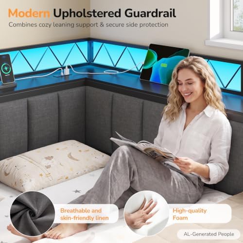 DICTAC Corner Queen Bed Frame with 6 Storage Drawers and Upholstered Guardrail, Queen Size Platform Bed Frame with Storage Shelves,Charging Station & RGB Led Lights,Modern Daybed for Teens Adult,Grey