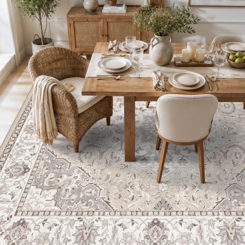10x10 Square Living Room Rug: Washable Vintage Ultra Soft Carpet for Bedroom Office Dining Room Thin Non-Slip Kids Room Rug Farmhouse Durable Low Pile Floor Mat for High Traffic Areas(10x10，Beige)