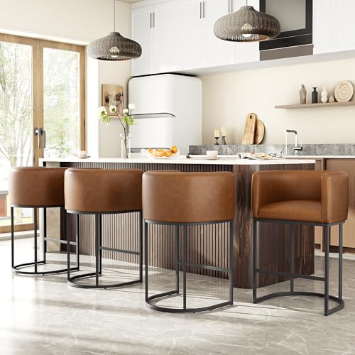 26" H Counter Height Bar Stools Set of 4, Modern Barrel Counter Stools with Backrest and Arms, Faux Leather Upholstered Accent Barstools for Kitchen Island,Support 450 LBS (Walnut Brown