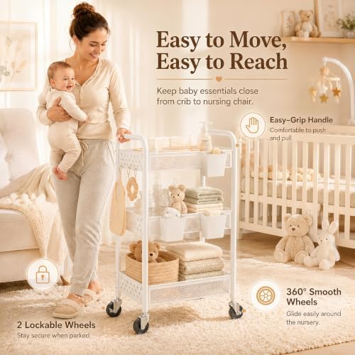 3 Tier Rolling Storage Cart Organizer, Metal Rolling Utility Carts on Wheels, White Art Cart with Hanging Cups and Hooks, Three Tiered Roller Trolley for Cleaning Supplies, Diaper Caddy, Craft, Nail