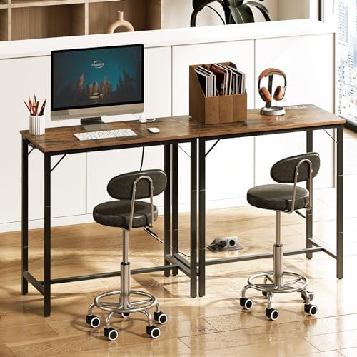 HOOBRO Bar Table with Charging Station, Rectangular Pub Table, High Top Coffee Table, Counter Bar Height Table, Narrow Long Dining Table, 35.4" L x 15.7" W x 35.6" H, Rustic Brown and Black BF90UBT01