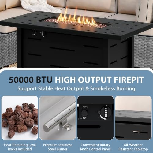 Shintenchi 8 Piece Outdoor Patio Furniture Set with 43 Inch Propane Fire Pit, Washable Cushions, Glass Coffee Table, Waterproof Cover & CSA Certified for Backyard Poolside, Silver PE Rattan/Khaki