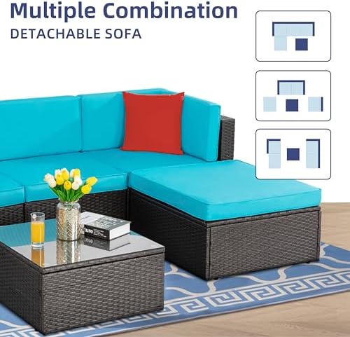Vongrasig 5 Piece Patio Furniture Sets, Outdoor Couch Sectional Patio, Blue