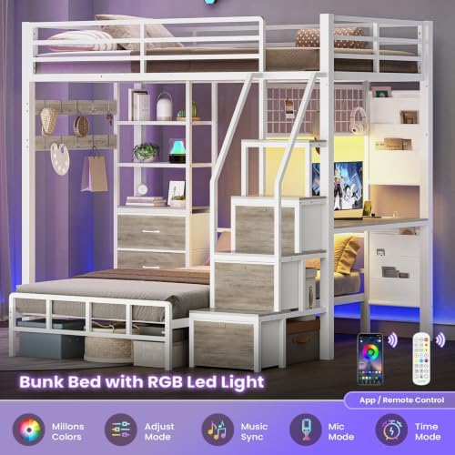 AOGLLATI Bunk Bed Twin Over Twin with 6 Storage Drawers and Desk for Kids Teens, Metal Led Twin Loft Bed with Charging Station and Side Bag,Hanging Rod,Stair,and Guardrail for Space Saving,White