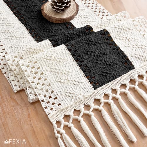 FEXIA Boho Table Runner with Tassels for Home Decor 12x72 Inches Black