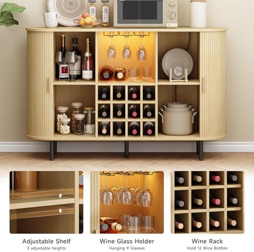 ONBRILL 55" Fluted Wine Bar Cabinet with LED Light Oak