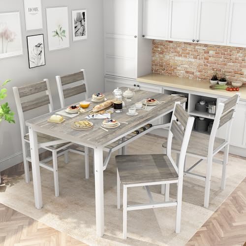 Hooseng Dining Table Set for 4, Wood Kitchen Table Chairs Set with Storage, Farmhouse 5 Piece Dining Room Table Set, Space-Saving Dinette Set for Breakfast Nook, Apartment