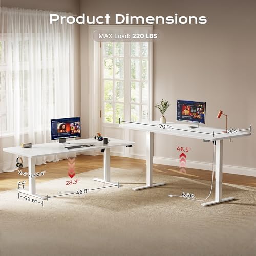 Huuger 71 x 30 Large Electric Standing Desk, Height Adjustable Computer Desk, 29.5" Deep Desktop, Stand up Gaming Office Table with 2 Hooks, 3 Preset Heights, for Home Office, White