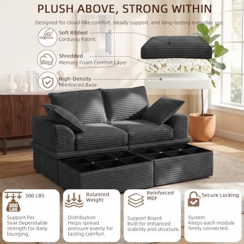 Boneless Sectional Couch with Storage, Upgraded Modular Sofa with Ottoman, Deep Seat Sleep Sofa for Living Room, 4 Seat Memory Foam Modern Corduroy Cloud Sofa with 2 Pillows,No Assembly(71"-Gray)