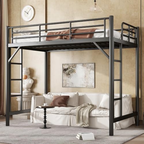 Bellemave Twin XL Loft Bed Frame, Metal Round Pipe, Dual Ladders, Black