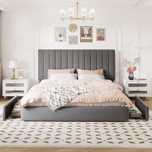 Allewie King Size Storage Bed Frame, Vertical Channel Tufted Adjustable Headboard, Velvet Upholstered Platform Bed with 4 Oversized Underbed Drawers, Wooden Slats Support, No Box Spring Needed, Grey