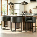 26" H Counter Height Bar Stools Set of 3, Modern Barrel Counter Stools with Backrest and Arms, Faux Leather Upholstered Accent Barstools for Kitchen Island,Support 450 LBS (Black)