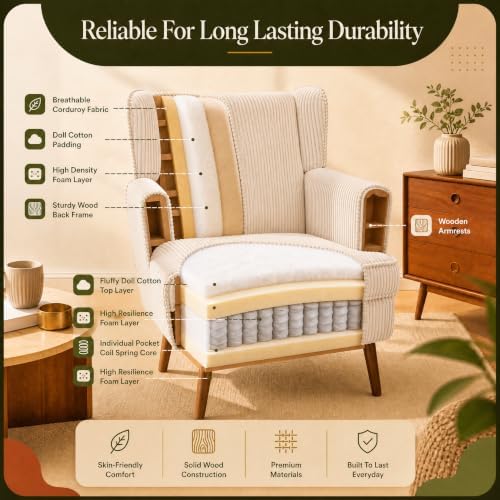 VINGLI 26" Wingback Accent Chair Set of 2, Corduroy Armchair for Apartment
