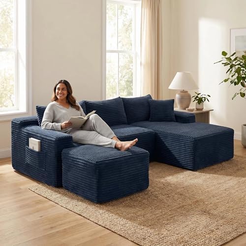 95-Inch U-Shaped Right Facing Corner Compressed Sofa Modular Sectional Boneless Cloud Sofa Floor Foam Couch W/Chaise Lounge & Ottoman, Corduroy Corner Boneless Cloud Couch