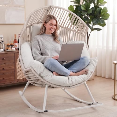 Shintenchi Egg Chair Outdoor, Oversized Outdoor Indoor Wicker Rocking Chair, Large PE Rattan Egg Rocking Chair with Cushion for Patio, Balcony, Backyard, Garden, White