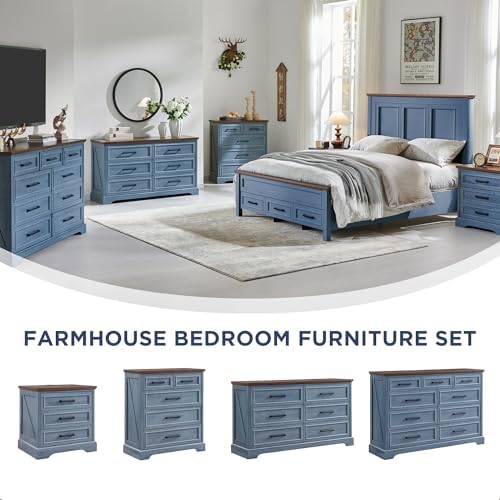 ACCOHOHO 52" Wide Farmhouse 6 Drawer Dresser for Bedroom, Blue