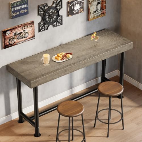 63" Solid Wood Bar Table, Long Counter Height Pub Top Table, Narrow Dining Breakfast Bar Units with Metal Sturdy Legs for Home Kitchen, Living Room, Bistro, Easy to Assemble