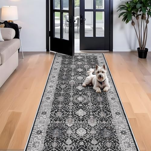 4x10 Washable Hallway Runner Rug: Oriental 10ft Extra Wide Ultra Soft Runners for Living Room Bedroom Stain Resistant Low Pile Carpet for Entryway Ktichen Thin Non Slip Bathroom Floor Mat(Black,4x10)