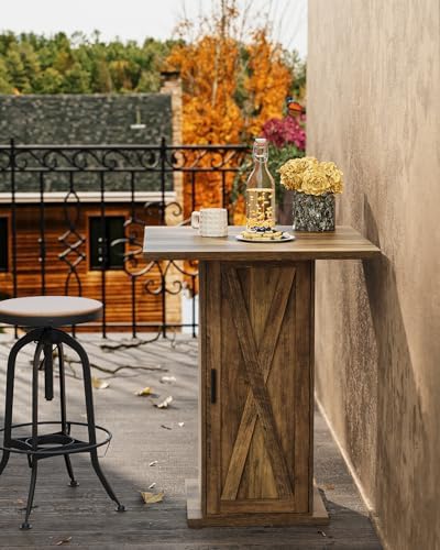 LITTLE TREE Bar Table with Storage Cabinet, 39.4" H Square High Top Pub Table, Wood Bistro Cocktail Table, Farmhouse Design with 3-Tier Cabinet for Pub, Bistro, Bar, Coffee, Dining Rustic Brown
