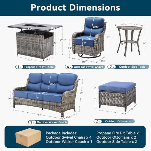 Luxury Patio Furniture Set with Fire Pit Table-10 Pieces All Weather Outdoor Swivel Rocker Chairs with Sofa and Ottomans. Outdoors Patio Conversation Sets for Porch Deck Garden Backyard(Grey/Blue)