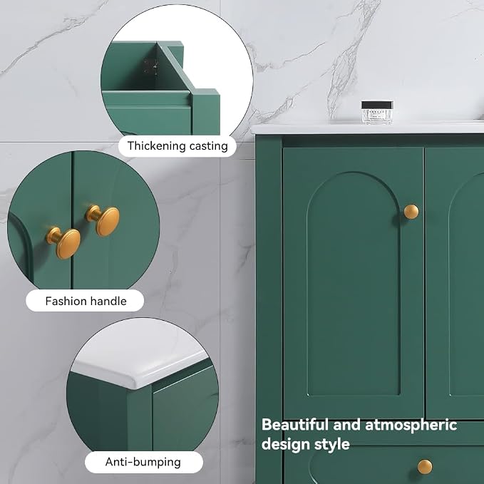 LUMISOL 48" Bathroom Vanity with Sink, Modern Single Sink Bathroom Vanity with 4 Doors & 2 Drawers, Freestanding Bathroom Storage Cabinet with Ceramic Basin, Solid Wood Frame, Green