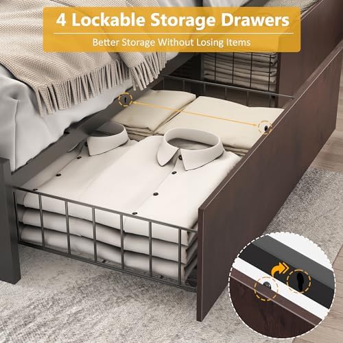 Lifezone Queen Bed Frame with 2-Tier Storage Headboard, Metal Platform Bed Frame with 4 Storage Drawers, Built in Charging Station & LED, Noise-Free/Metal Support/No Box Spring Needed, Coffee Brown