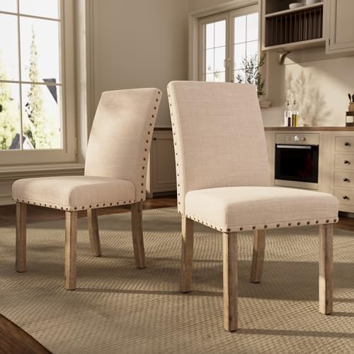 Morden Fort Farmhouse Style Dining Chairs Set of 2, Rustic Upholstered Kitchen & Dining Room Chairs with Rivet Detailing, Solid Wood Legs & Sturdy Wooden Chair Design for Comfortable Seating