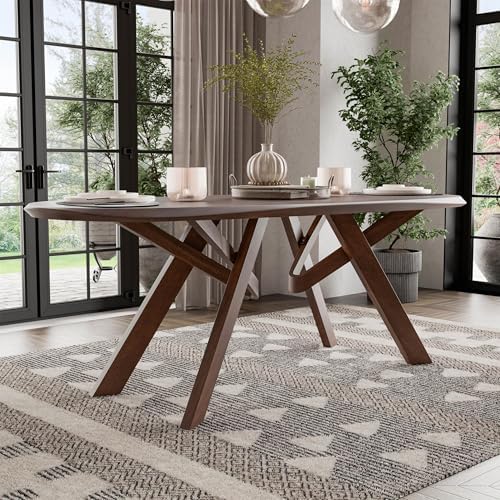 Furniture of America Nazaen VI 82.5" Mid-Century Modern Solid Wood Live Edge Dining Table with Steel Support, Walnut Finish, Seats 6–8