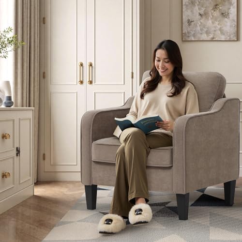 Accent Chair for Living Room, Mid Century Modern Reading Chair for Bedroom, Upholstered Armchair with Side Pockets, Comfy Single Sofa Side Chair for Office, Apartment, Small Room, Brown