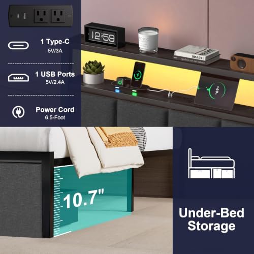 Full Size Bed Frame with Storage Drawers, Charging Station and LED Lights, Upholstered Headboard with 2-Tier Shelves, Heavy Duty Metal Slats, No Box Spring Needed, Noise Free, Easy Assembly