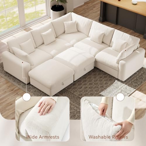 Ihanherry Oversized Cloud Sectional Couches for Living Room, Modular Sectional Sofa with Wide Deep Seat, Coner Couch with Throw Pillow and Storage Ottoman, Beige