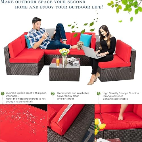 Vongrasig 6 Piece Patio Furniture Set, Small Outdoor Sectional Couch, Red