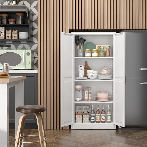 Steeloong 60"Metal Pantry Storage Cabinet with Doors & 3 Adjustable Shelves | Kitchen Pantry Cabinet,White Kitchen Cabinet with 2 Gold Handles,Tall Cabinet for Livingroom,Pantry, Bathroom,Kitchen