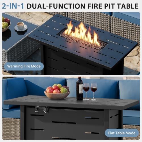Shintenchi 8 Piece Outdoor Patio Furniture Set with 43 Inch Propane Fire Pit, Washable Cushions, Glass Coffee Table, Waterproof Cover & CSA Certified for Backyard Poolside, Natural PE Rattan/Navy Blue