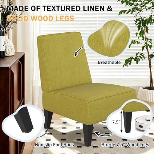 Armless Accent Chairs Set of 2, Green Upholstered Linen Slipper Chair with Solid Wood Legs, Mid Century Modern Side Chairs for Small Living Room Bedroom Apartment Reading Nook