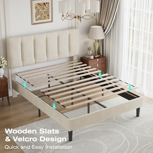 VECELO Full Size Bed Frame with Upholstered Headboard, Pale Beige