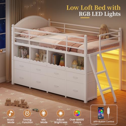 DICTAC Low Loft Bed Twin Size with 8 Drawers, 4 Bookcase & LED Lights,White
