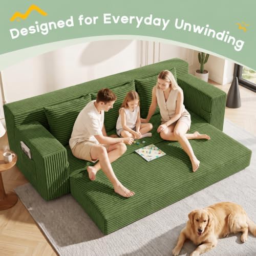 Boneless Couch for Living Room, 3 Seater Convertible Sofa Bed in Box, Green