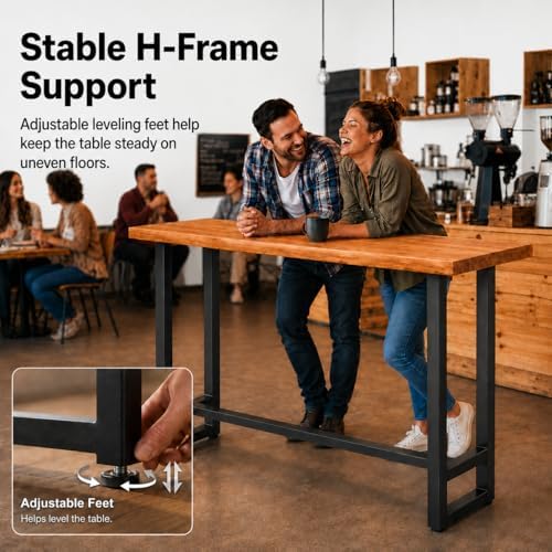 Solid Pine Wood Bar Table 55.1" - Industrial Counter Height Pub Table with Heavy Duty Steel Frame - Narrow High Top Table for Kitchen Island Home Bar & Small Spaces - Rustic Farmhouse (No Stools)