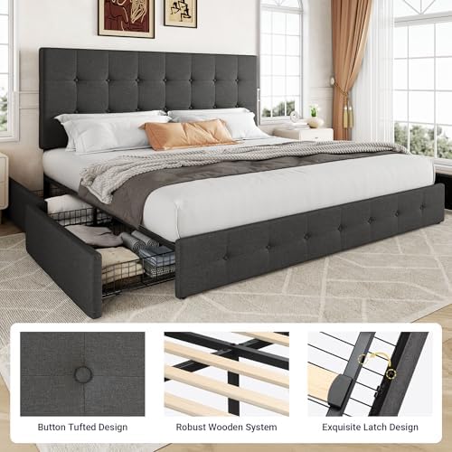Allewie King Size Storage Bed Frame with 4 Underbed Drawers, Upholstered Platform Bed with Adjustable Headboard, Square Button Tufted, Easy Assembly, Noise-Free, No Box Spring Needed, Dark Grey
