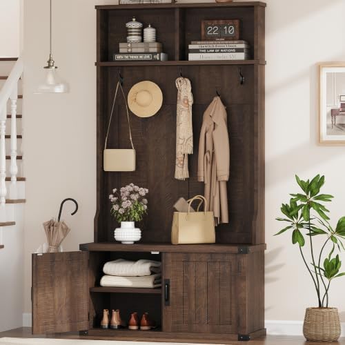 Garvee 77" H Farmhouse Hall Tree with Bench & Shoe Storage, Coat Rack
