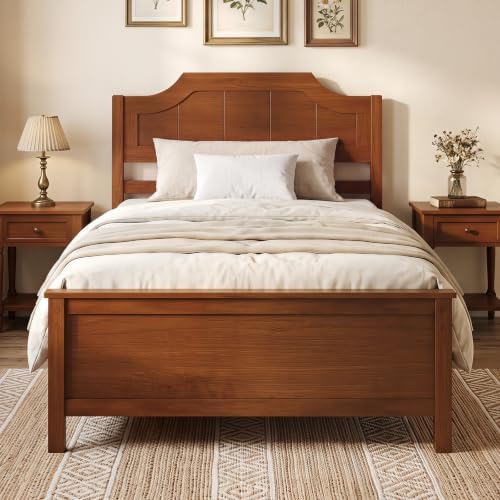 GIANTEX Twin Size Wooden Bed Frame with Headboard, Wood Slat Support