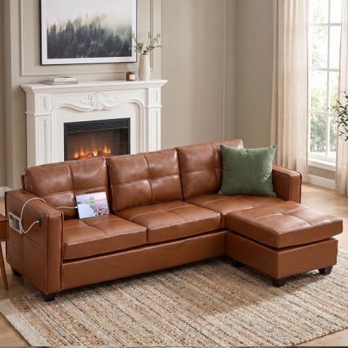 TYBOATLE Brown Sofa Couch Sectional Couches for Living Room, Comfy Faux Leather Modular Convertible L Shaped Sofas with USB & Ottoman, Leather Sectional with Side Pockets for RV Apartment Office