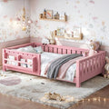 Bellemave Twin Floor Bed with Rails and Slats, Twin Size Montessori Floor Bed with Bookshelf and Fence, Easy Assemble Montessori Beds Frame for Girls, Boys, Pink