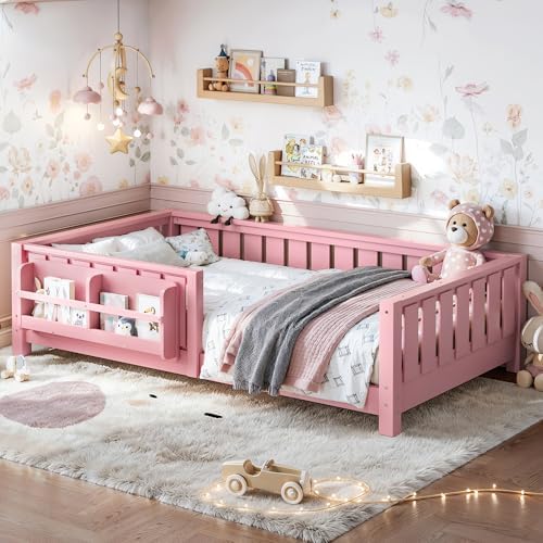Bellemave Twin Floor Bed with Rails and Slats, Twin Size Montessori Floor Bed with Bookshelf and Fence, Easy Assemble Montessori Beds Frame for Girls, Boys, Pink